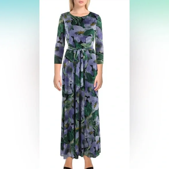 Anne Klein Long Sleeve Floral Dress in Purple and Green - Picture 1 of 4